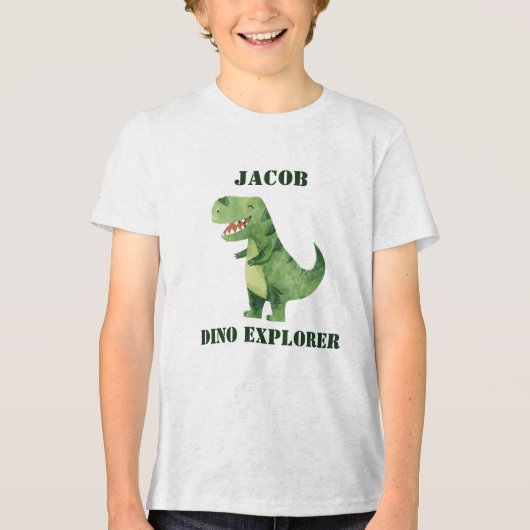 Dino Explorer Kids Naam Dinosaurus Verjaardagsfees Tri-Blend Shirt (Voorkant)
