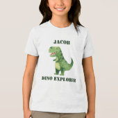 Dino Explorer Kids Naam Dinosaurus Verjaardagsfees Tri-Blend Shirt (Voorkant)