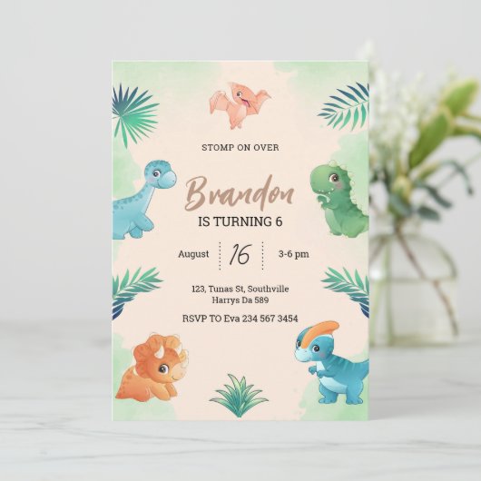 Dino Feest | Cute Dinosaurs Verjaardagsuitnodiging Kaart (Staand voorkant)