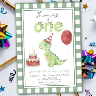 Dino Feest   Schattige Dinosaurus Eerste Verjaarda Kaart