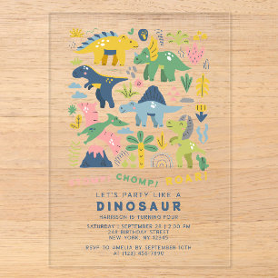 Dino Feestje Cute Moderne Dinosauriërs Vierde Verj Acryl Uitnodigingen