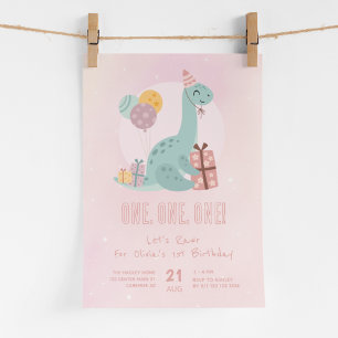 Dino Feestje Rawr Roze 1e Verjaardag Kaart