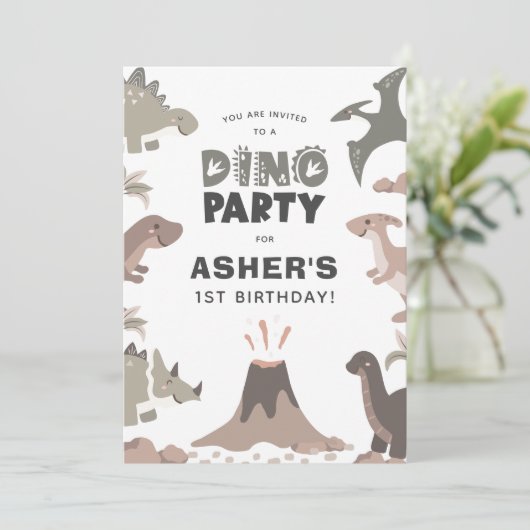 Dino Feestje Schattige Dinosaurussen Verjaardagsfe Kaart (Staand voorkant)