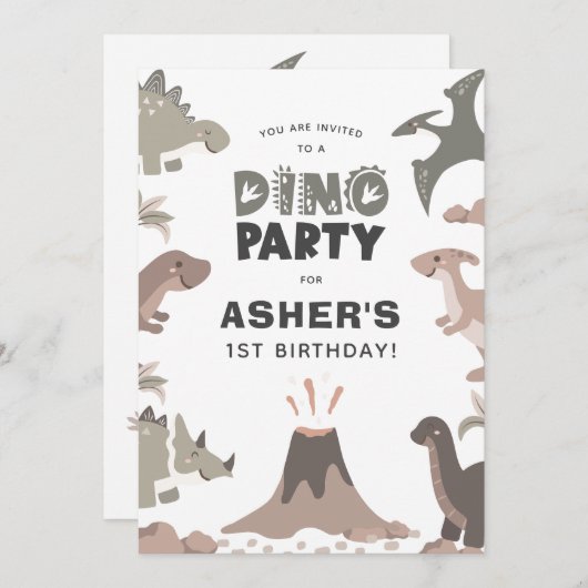 Dino Feestje Schattige Dinosaurussen Verjaardagsfe Kaart (Voorkant / Achterkant)