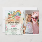 Dino-Five Dinosaurus Meisje 5e Verjaardag Party Fo Kaart (Voorkant)