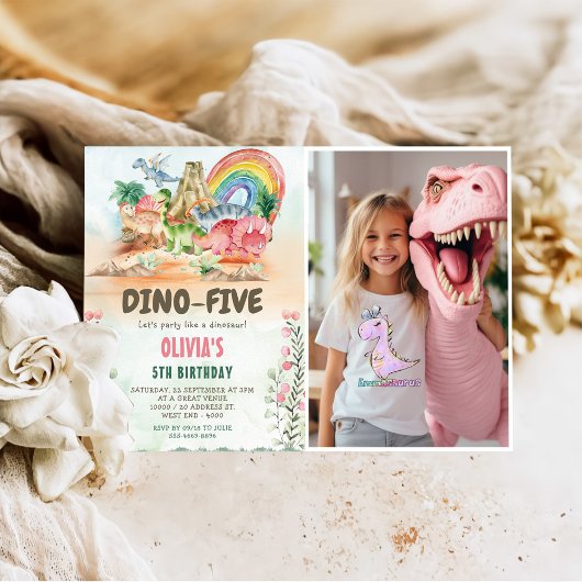 Dino-Five Dinosaurus Meisje 5e Verjaardag Party Fo Kaart