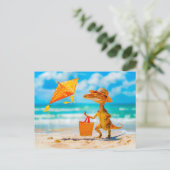 Dino Flying Kite op het strand Feestdagenkaart (Staand voorkant)