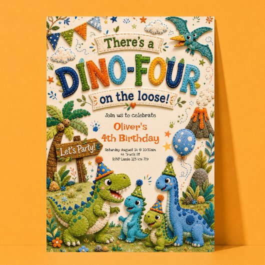 Dino-Four 4e verjaardagsuitnodiging Kaart