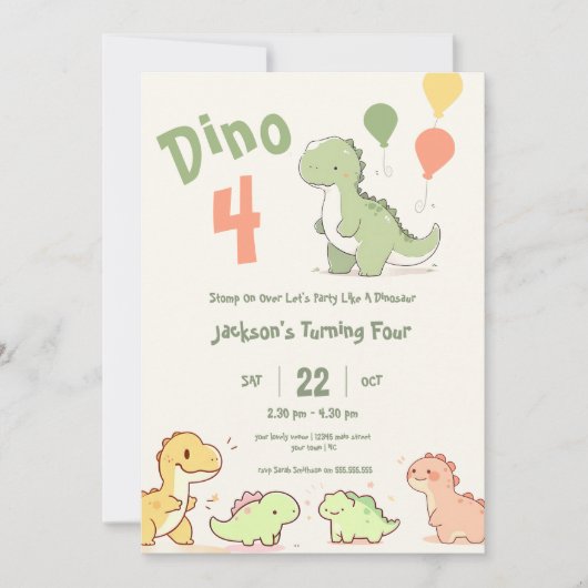 Dino Four Balloon 4th Birthday Party Invitation Kaart (Voorkant)