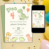 Dino Four Balloon 4th Birthday Party Invitation Kaart