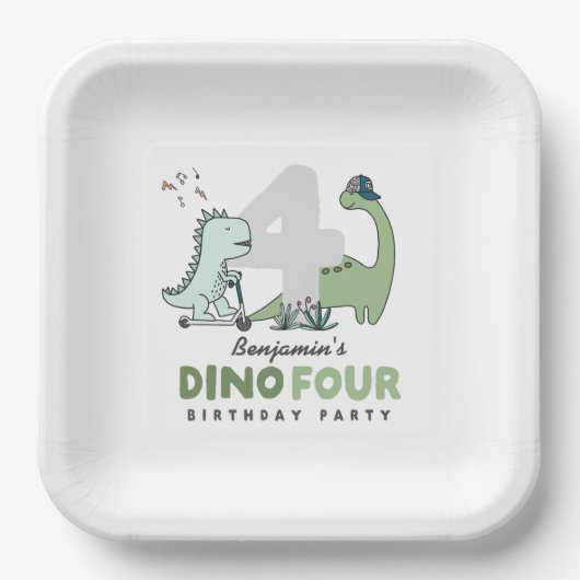 Dino Four Birthday Party Paper Plates Papieren Bordje (Voorkant)