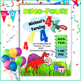 Dino Four Dinosaur Boy 4th Birthday Invitation Kaart