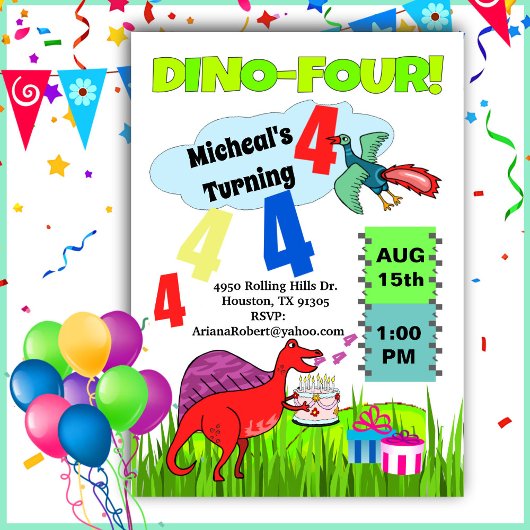 Dino Four Dinosaur Boy 4th Birthday Invitation Kaart