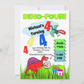 Dino Four Dinosaur Boy 4th Birthday Invitation Kaart (Voorkant)