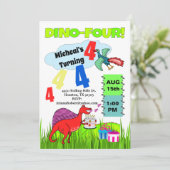 Dino Four Dinosaur Boy 4th Birthday Invitation Kaart (Staand voorkant)