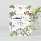 Dino-Four Dinosaur Verjaardag Uitnodiging (Staand voorkant)