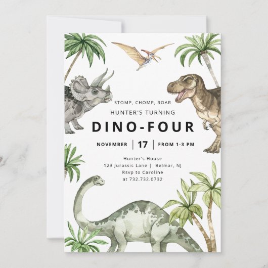 Dino-Four Dinosaur Verjaardagsuitnodiging Kaart (Voorkant)