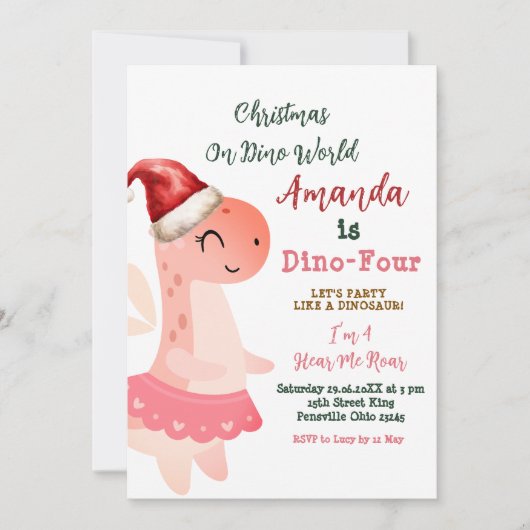 Dino-Four Kerstmis op Dino World Girl Verjaardag Kaart (Voorkant)