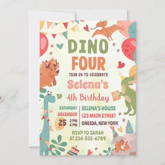 Dino FOUR T-Rex Dinosaur 4e Verjaardagsfeest Kaart (Voorkant)