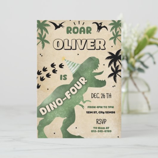 Dino Four T-Rex Dinosaur Vierde Verjaardagsfeest U Kaart (Staand voorkant)