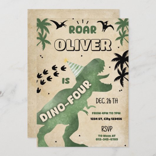 Dino Four T-Rex Dinosaur Vierde Verjaardagsfeest U Kaart (Voorkant / Achterkant)
