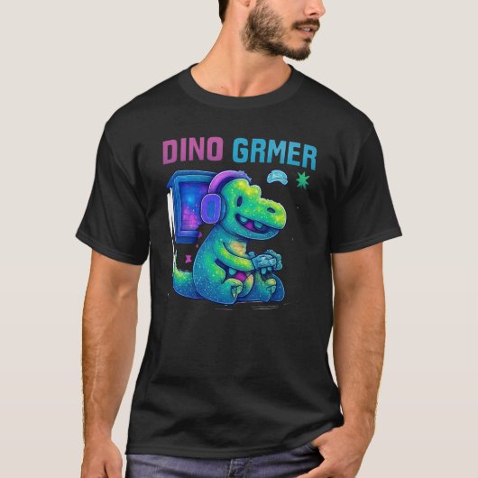 Dino Gamer – Retro Pixel Neon Style T-shirt (Voorkant)