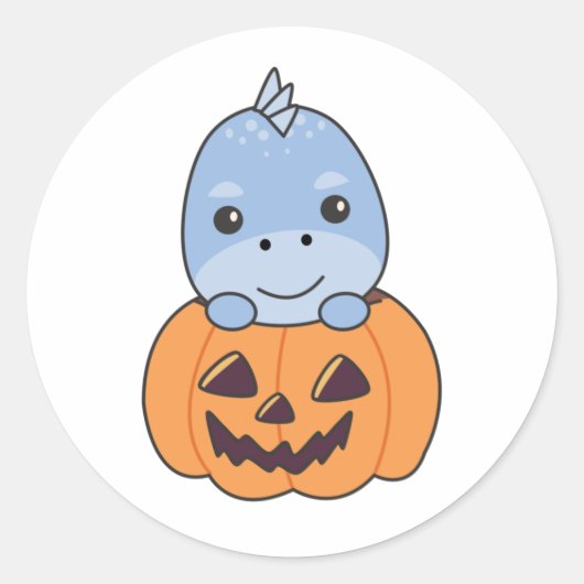 Dino in Pumpkin Sweet Dinos Happy Halloween Ronde Sticker (Voorkant)