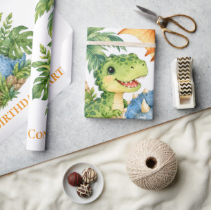 Dino Jungle Jongen 1e Verjaardagsfeestje Cadeaupapier