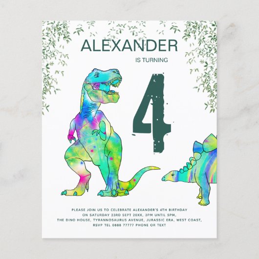 Dino Jungle Verjaardagsfeest Budget Uitnodiging Flyer (Voorkant)