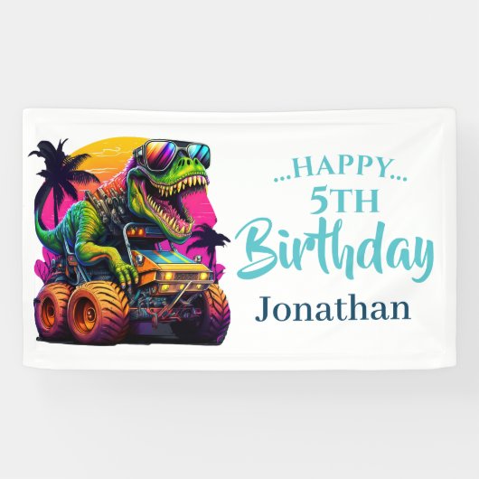 Dino Jurassic Oerwoud kinderen Verjaardagsblauw Spandoek (Horizontaal)