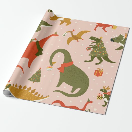Dino Kerstfeest Boom Rex. Dinosaur in Santa h Cadeaupapier (Uitgerold)