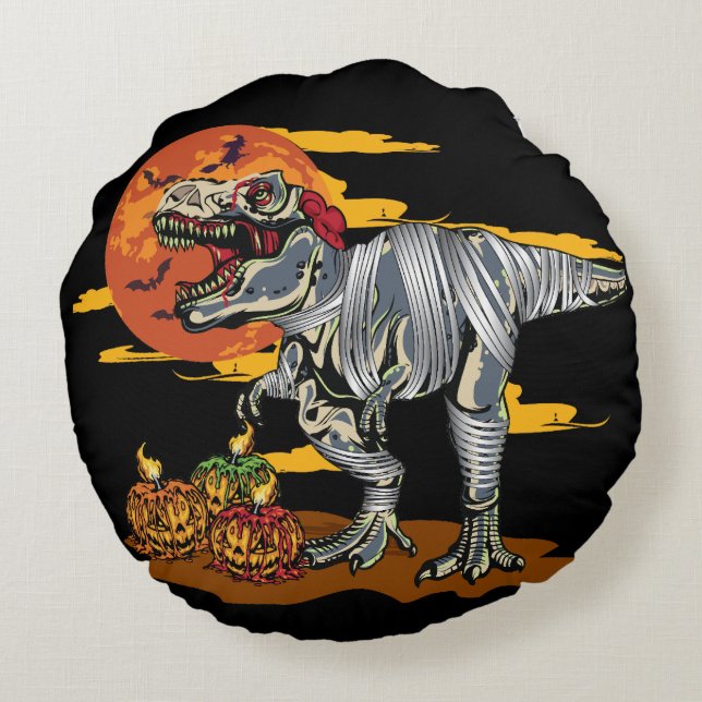 Dino-Mash: Spookachtige Pumpkinosaurus Rond Kussen (Achterkant)