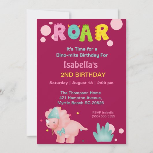 Dino Meisjes 2e Verjaardag Feest Uitnodiging (Voorkant)