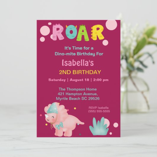 Dino Meisjes 2e Verjaardag Feest Uitnodiging (Staand voorkant)