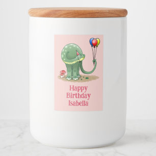 Dino met feesthoed voedselcontainer etiket
