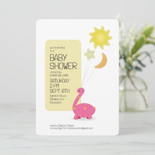 Dino met Mylar Baloons Baby shower Uitnodiging (Staand voorkant)