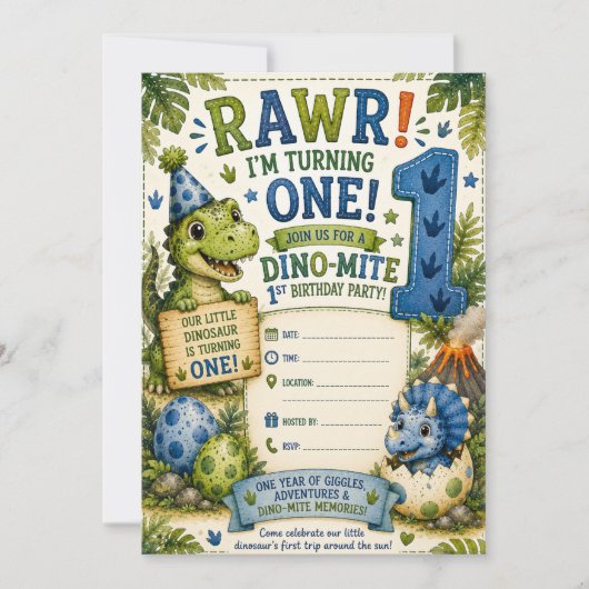 Dino-Mite 1e verjaardagsuitnodiging Kaart (Voorkant)