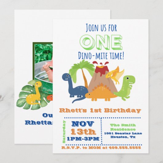 Dino-Mite 1st Birthday - Dinosaur Fotouitnodiging Kaart (Voorkant / Achterkant)