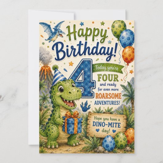 Dino-Mite 4e verjaardagskaart Kaart (Voorkant)