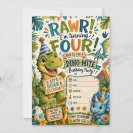 Dino-Mite 4e verjaardagsuitnodiging Kaart