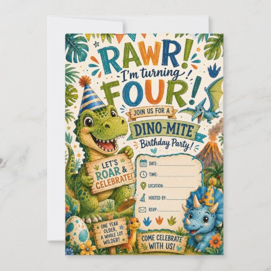 Dino-Mite 4e verjaardagsuitnodiging Kaart (Voorkant)