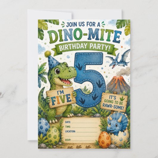 Dino-Mite 5e verjaardagsuitnodiging Kaart (Voorkant)