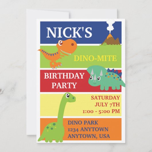 DINO-MITE DINOSAUR BIRTHDAY ARTIJ INVITATIE KAART (Voorkant)