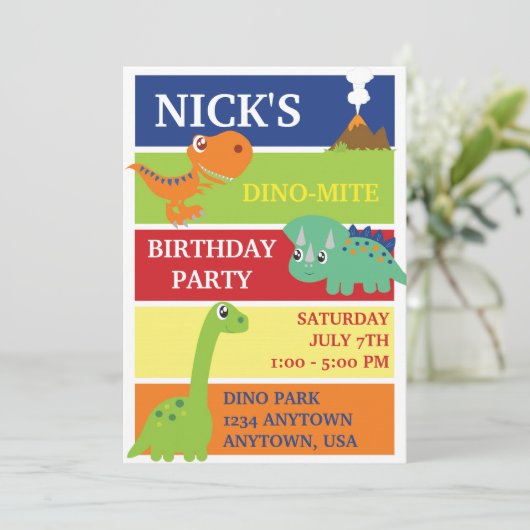 DINO-MITE DINOSAUR BIRTHDAY ARTIJ INVITATIE KAART (Staand voorkant)