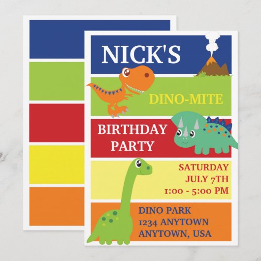 DINO-MITE DINOSAUR BIRTHDAY ARTIJ INVITATIE KAART (Voorkant / Achterkant)