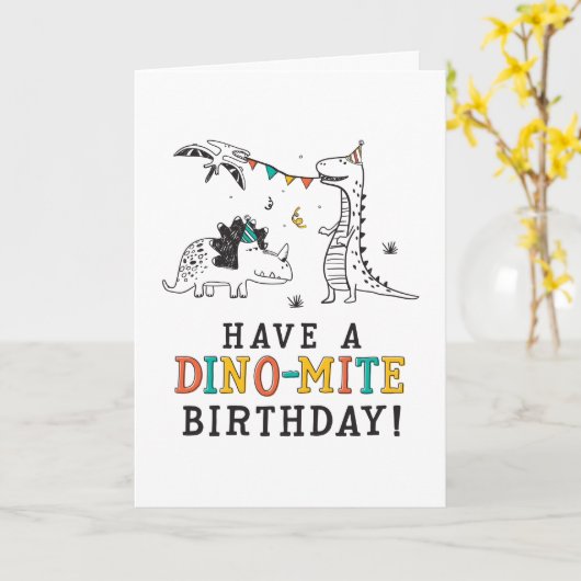 Dino-mite Dinosaur Birthday Kaart (Gele Bloem)
