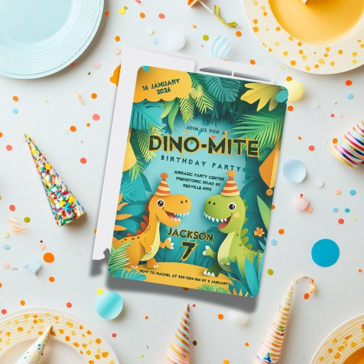 Dino-Mite DInosaur Theme Boys Verjaardagsfeest Kaart