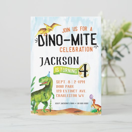 Dino-Mite Dinosaur Verjaardagsuitnodiging Kaart (Staand voorkant)
