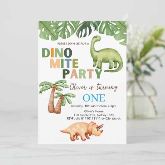 Dino-mite feest 1e verjaardag kaart (Staand voorkant)
