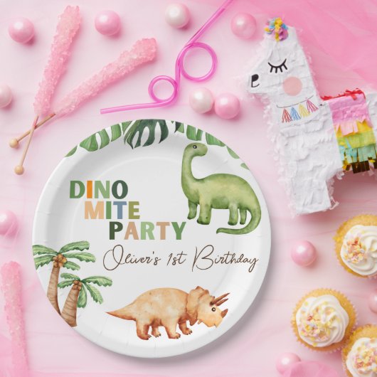Dino-mite feest 1e verjaardag papieren bordje (Feest)